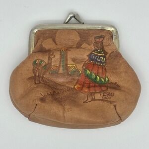 Vintage Peru Hand Painted Leather Coin Purse Kisslock Small Pouch